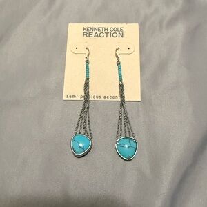 NWT Kenneth Cole Reaction Turquoise Drop Earrings Silver Chain Fringe Boho